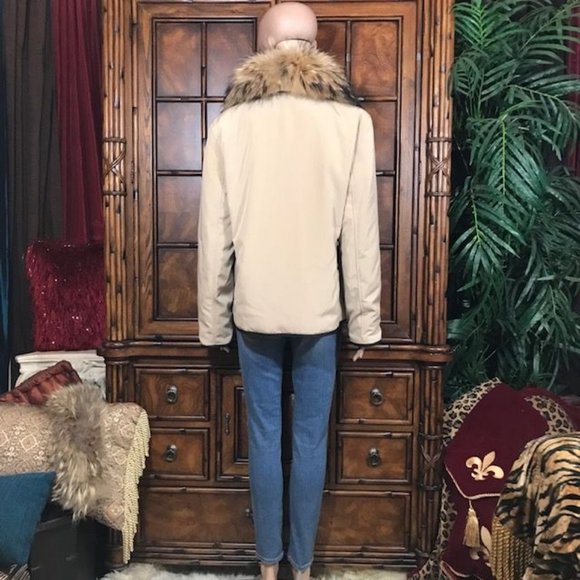 Anne Klein Genuine Raccoon Fur Detachable Collar Vegan Leather Trim Zip Jacket - Picture 7 of 16